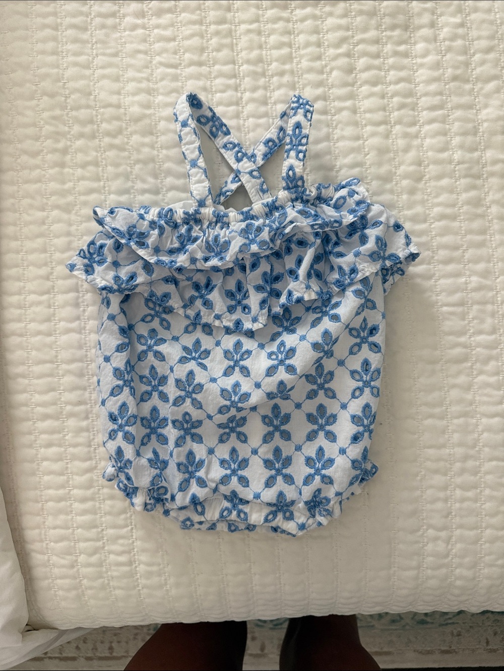 Janie and Jack Blue and White Floral Eyelet Bubble Romper
